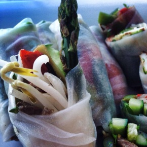 Mediterranean style rice paper rolls with grilled asparagus and haloumi